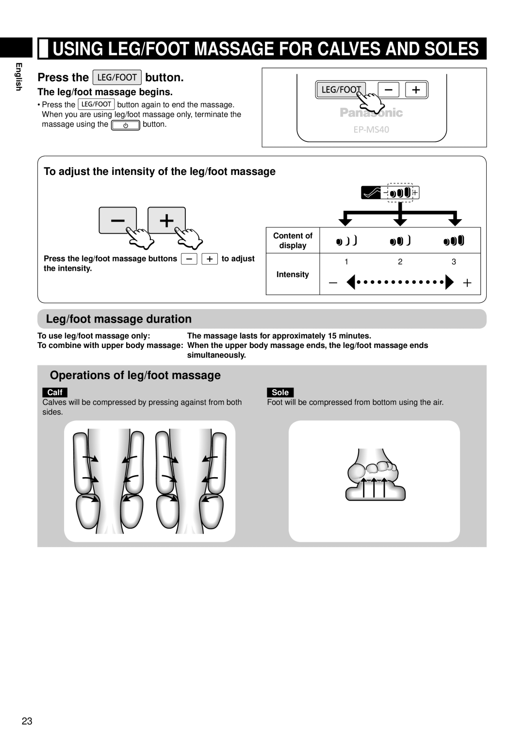 Panasonic EP-MS40 manual Leg/foot massage duration, Operations of leg/foot massage 