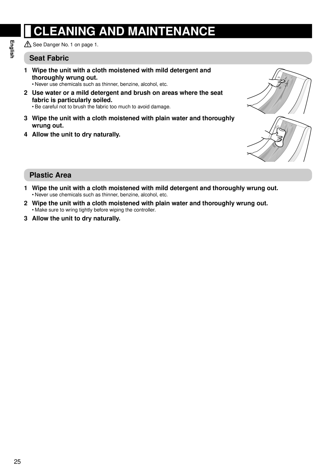 Panasonic EP-MS40 manual Cleaning and Maintenance, Seat Fabric, Plastic Area 