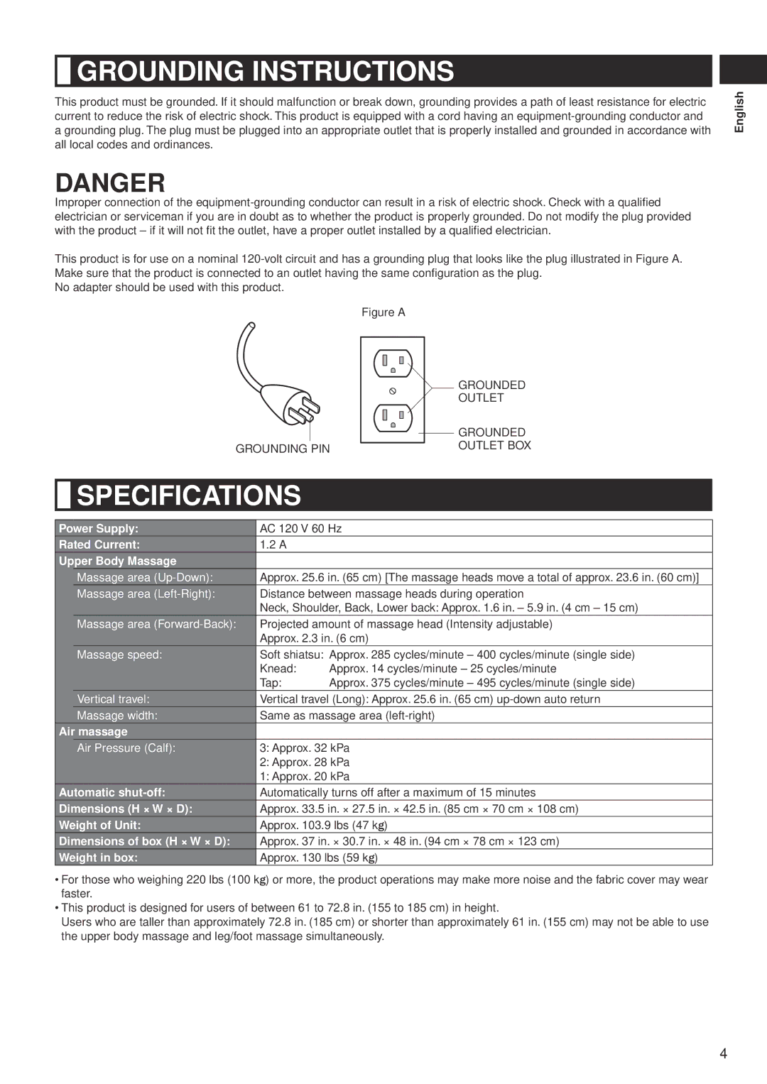 Panasonic EP-MS40 manual Grounding Instructions, Specifications 