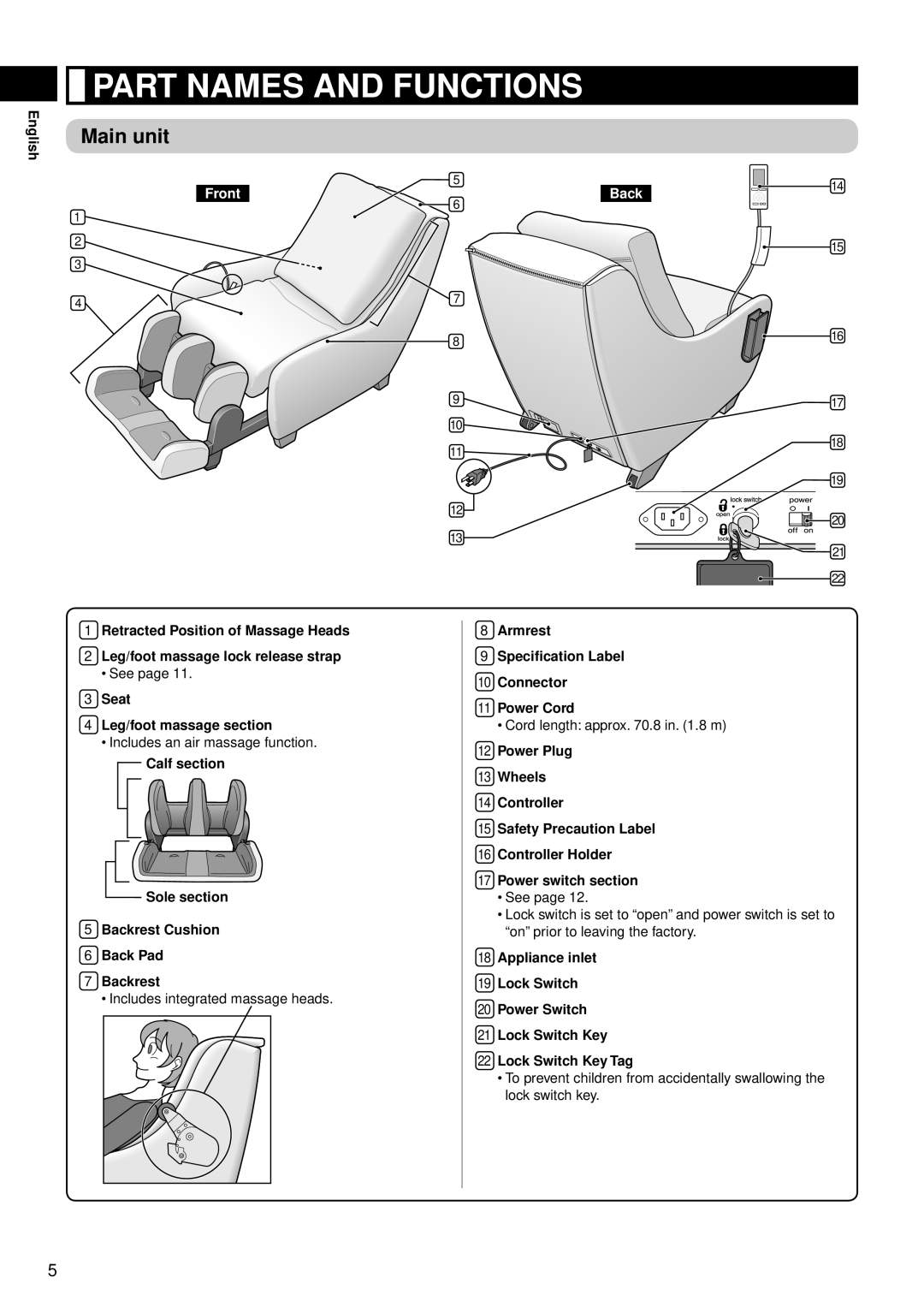 Panasonic EP-MS40 manual Part Names and Functions, Main unit, Seat Leg/foot massage section 