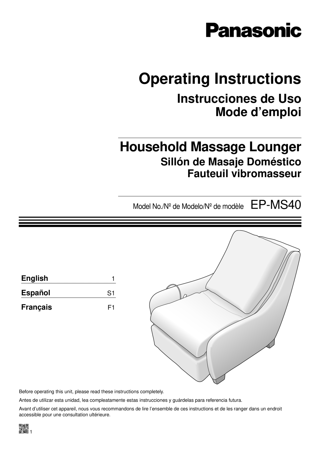 Panasonic EP-MS40 manual Operating Instructions, Household Massage Lounger, Instrucciones de Uso Mode d’emploi, English1 
