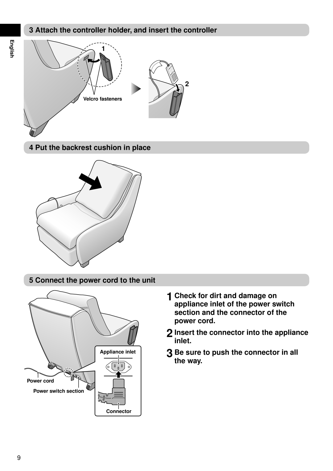 Panasonic EP-MS40 manual Attach the controller holder, and insert the controller, Put the backrest cushion in place 