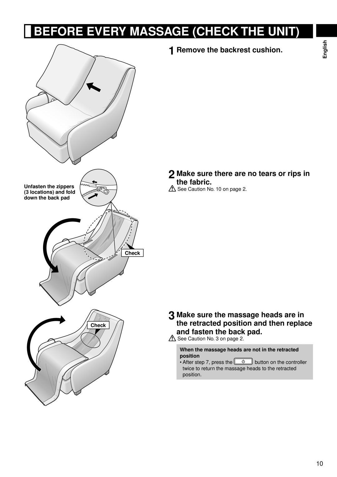 Panasonic EP-MS40 manual Before Every Massage Check The Unit, Remove the backrest cushion 