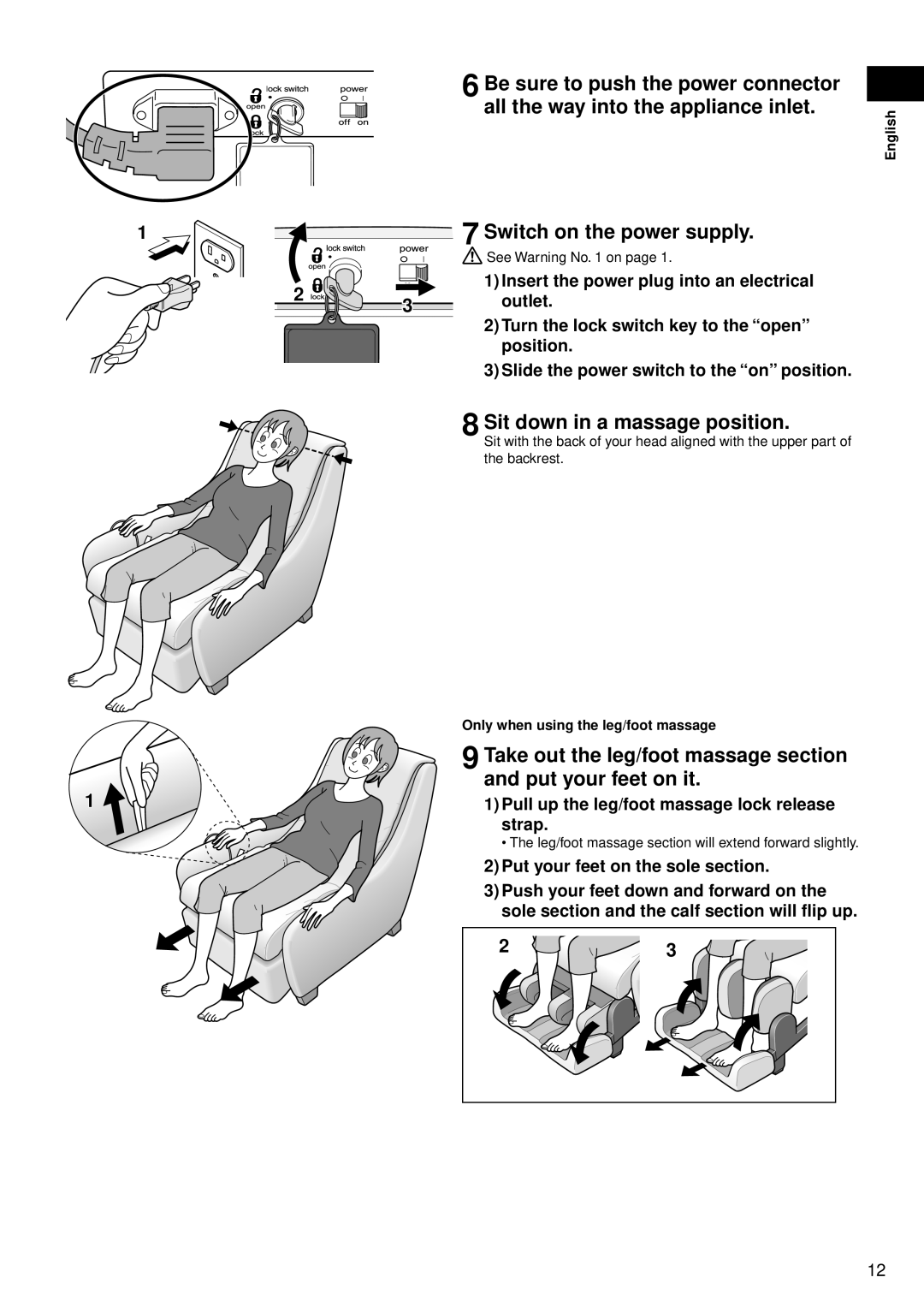 Panasonic EP-MS40 manual Switch on the power supply, Sit down in a massage position, Take out the leg/foot massage section 
