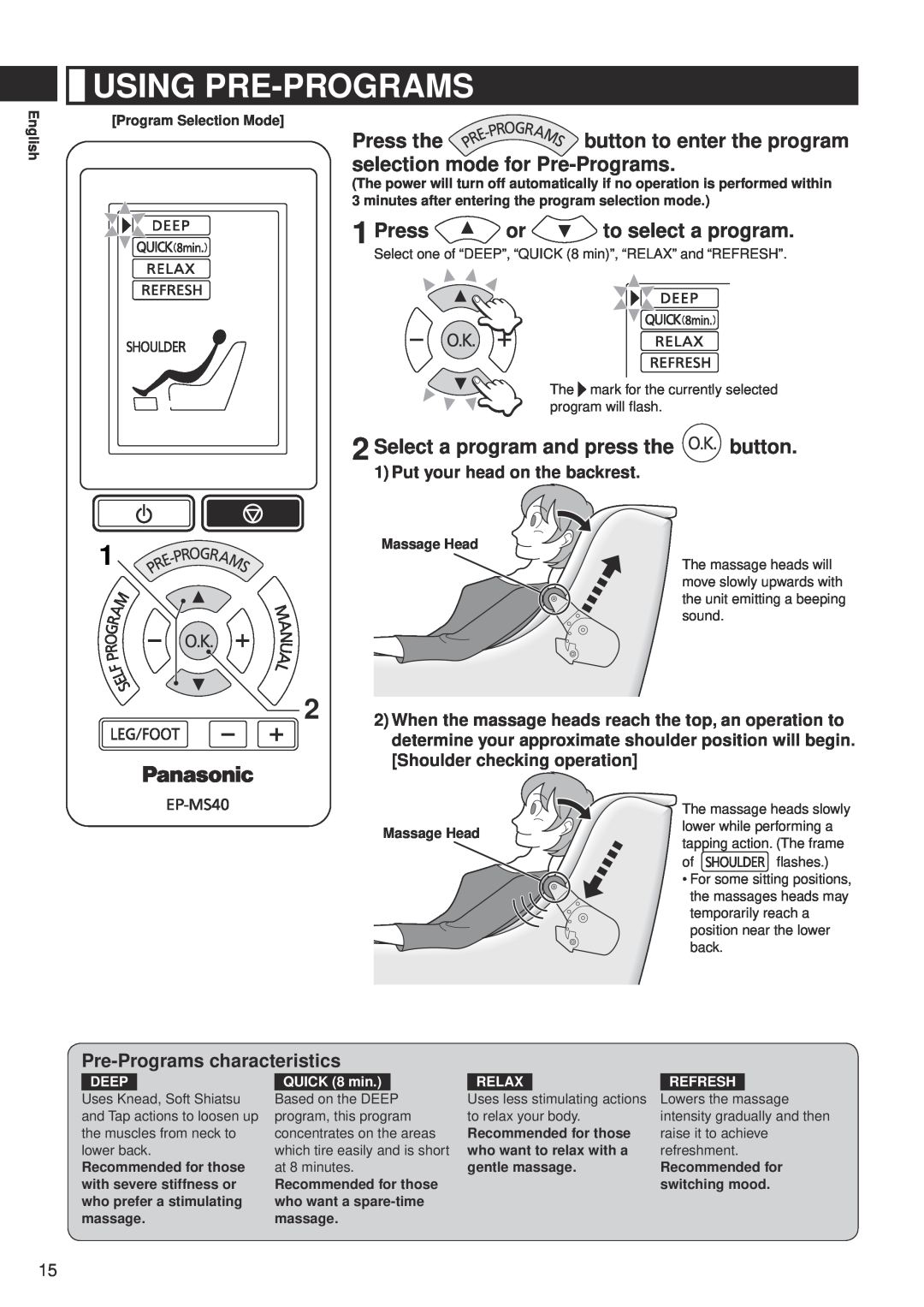 Panasonic EP-MS40 manual Using Pre-Programs, Press or to select a program, Pre-Programs characteristics 