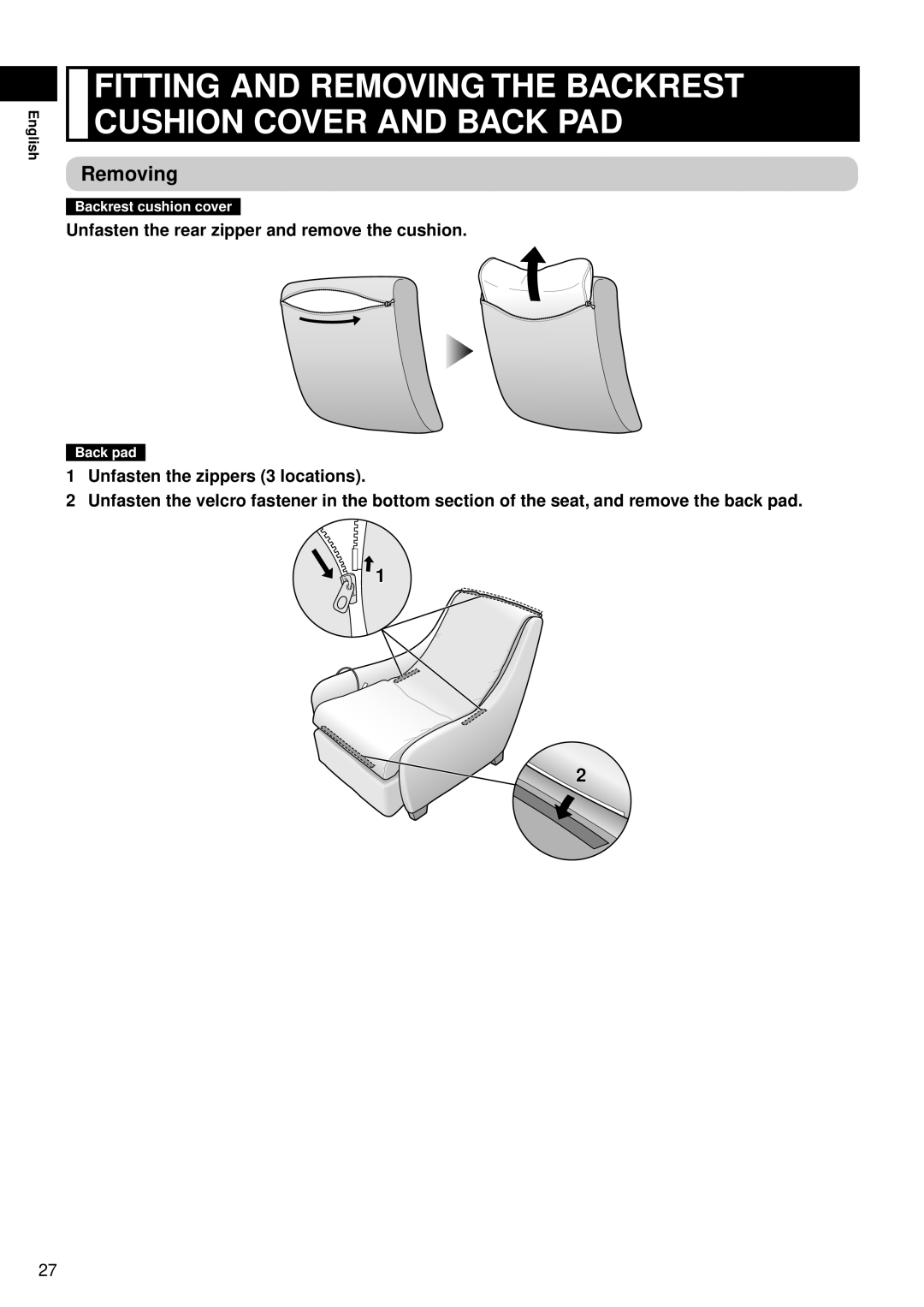 Panasonic EP-MS40 manual Fitting And Removing The Backrest Cushion Cover And Back Pad, Backrest cushion cover, Back pad 