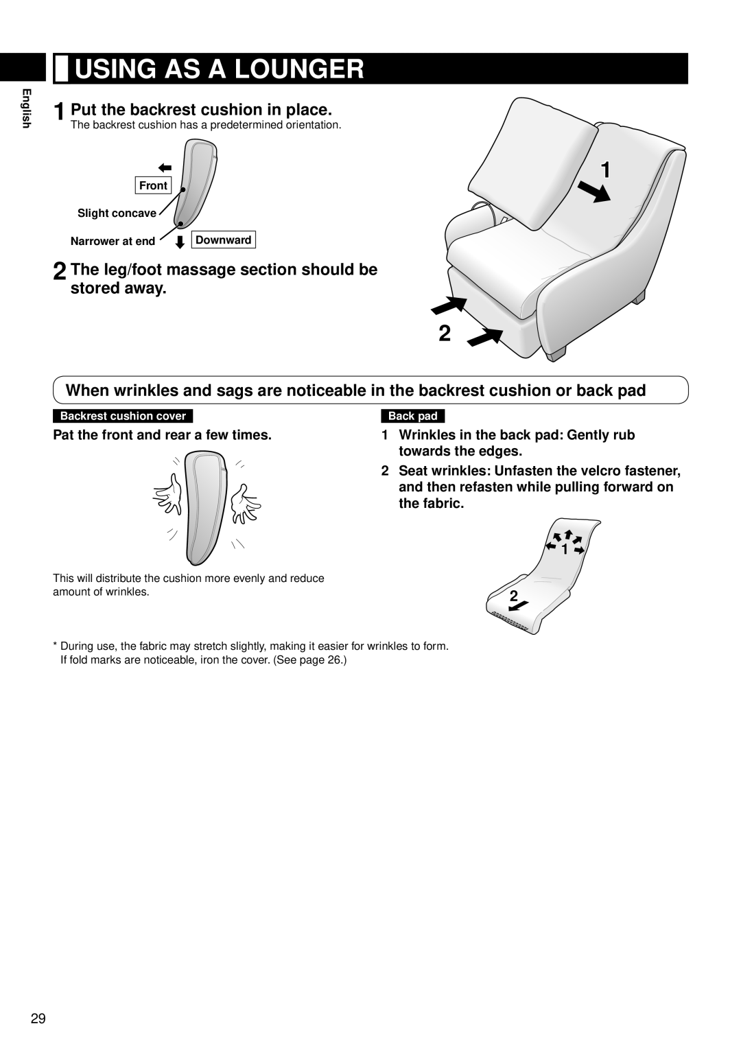 Panasonic EP-MS40 manual Using As A Lounger, Put the backrest cushion in place, Backrest cushion cover, Back pad 