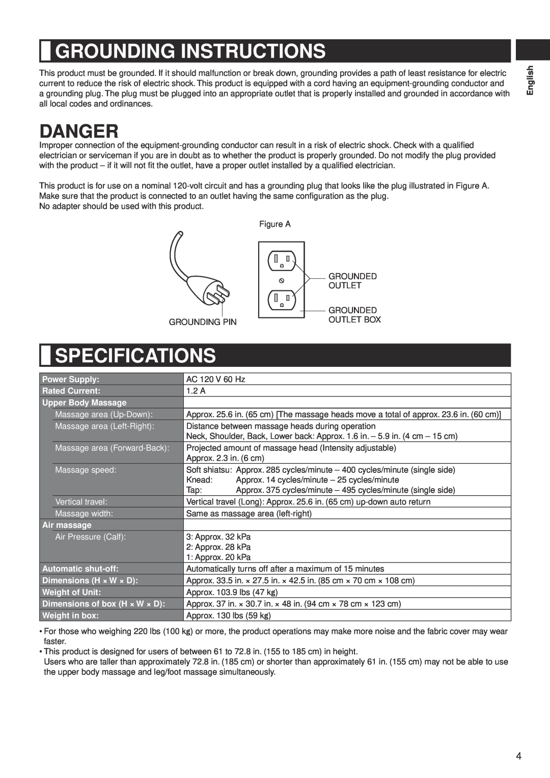 Panasonic EP-MS40 manual Grounding Instructions, Specifications, Danger, Power Supply, Rated Current, Upper Body Massage 