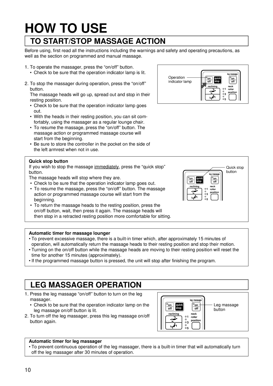 Panasonic EP1015 manuel dutilisation HOW to USE, To START/STOP Massage Action, LEG Massager Operation 