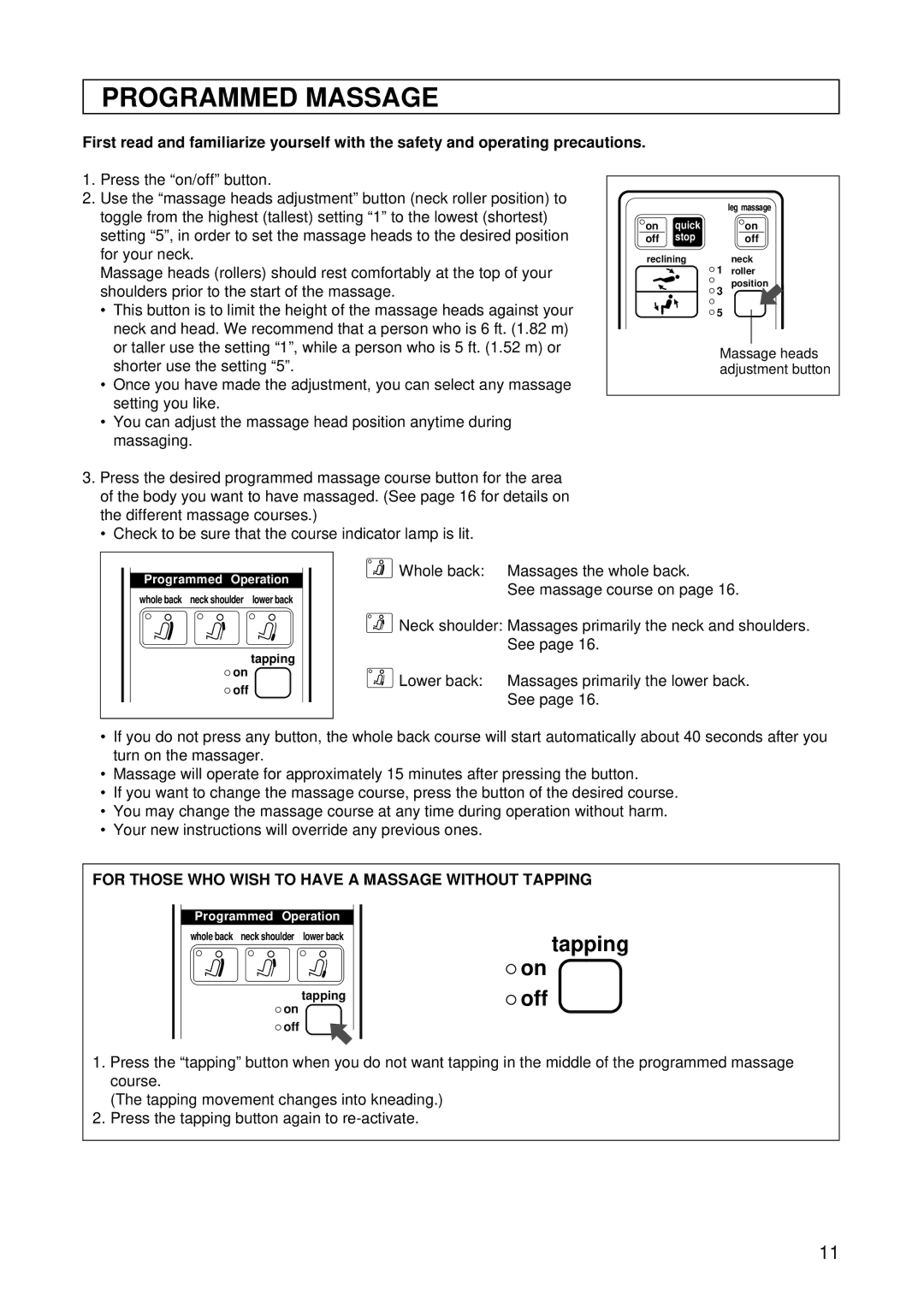 Panasonic EP1015 manuel dutilisation Programmed Massage, Tapping On off 