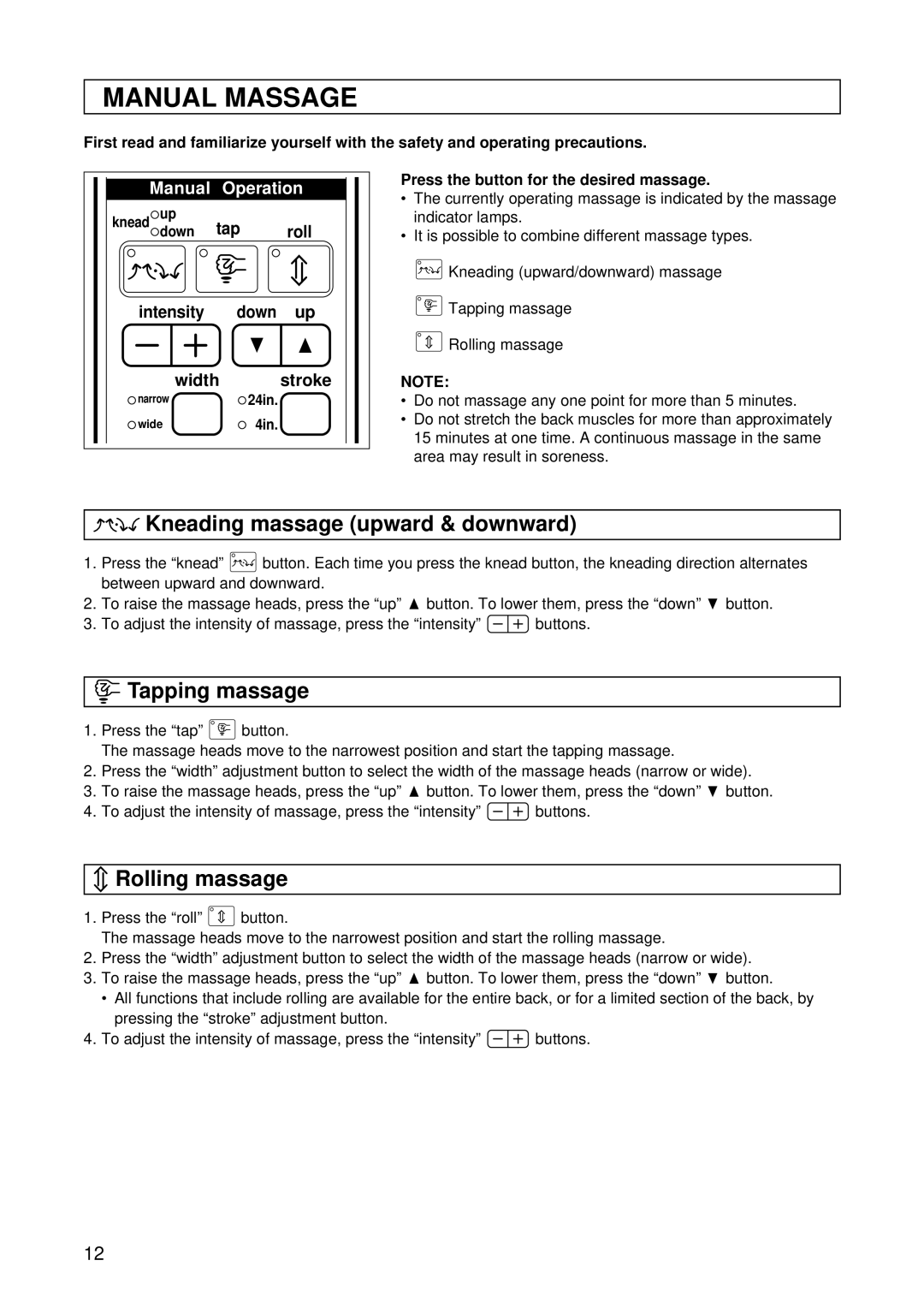 Panasonic EP1015 manuel dutilisation Manual Massage, Kneading massage upward & downward, Tapping massage, Rolling massage 