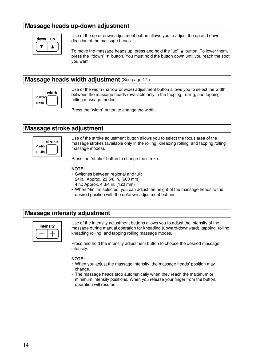 Panasonic EP1015 Massage heads up-down adjustment, Massage heads width adjustment See, Massage stroke adjustment 