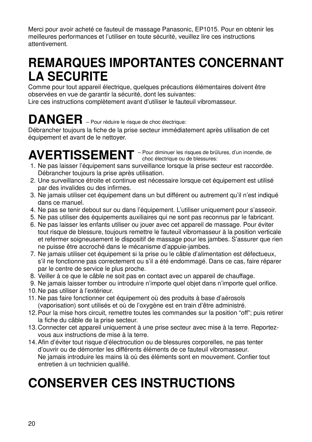 Panasonic EP1015 manuel dutilisation Conserver CES Instructions 