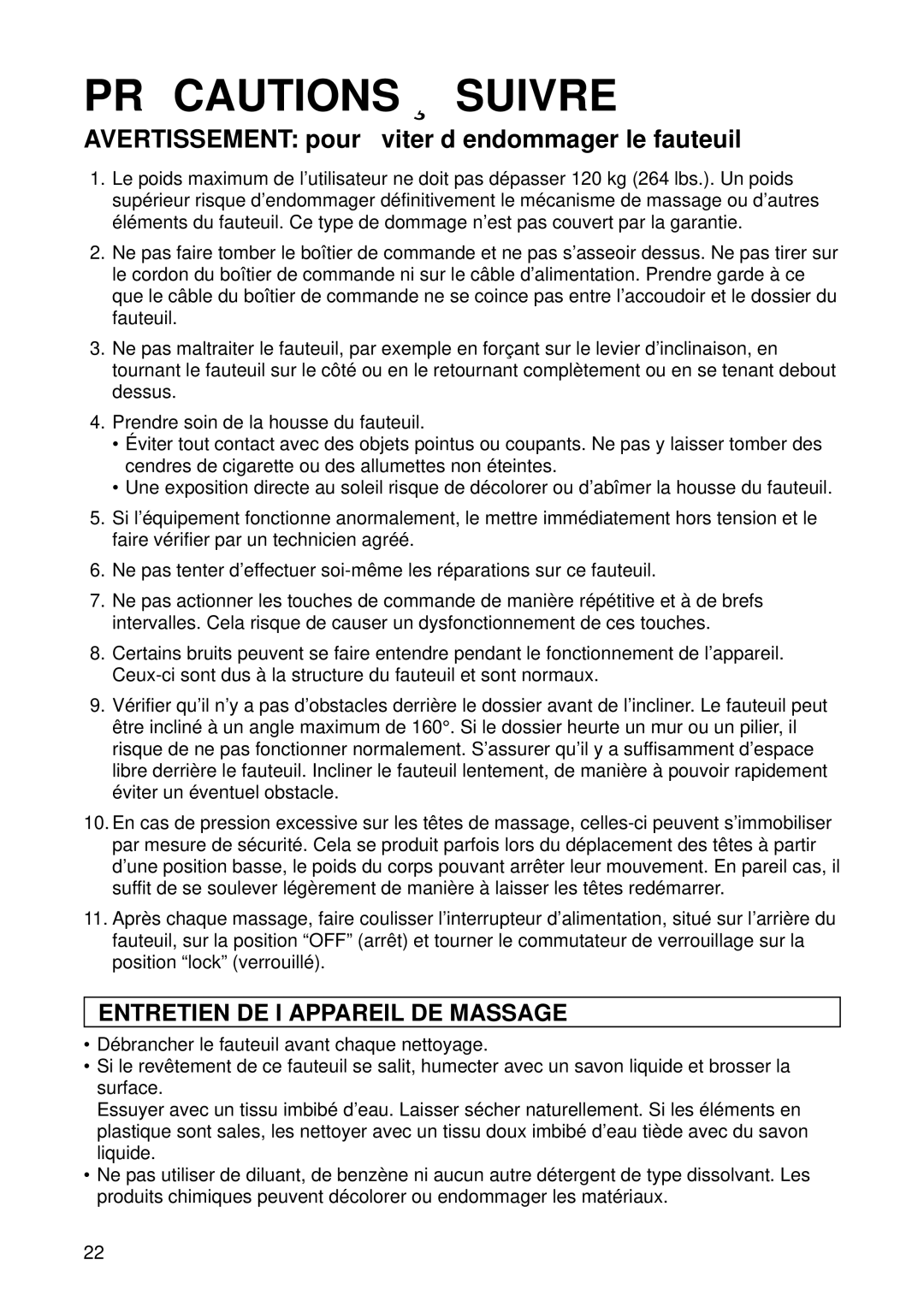 Panasonic EP1015 manuel dutilisation PRÉ Cautions À Suivre, Avertissement pour é viter d’endommager le fauteuil 