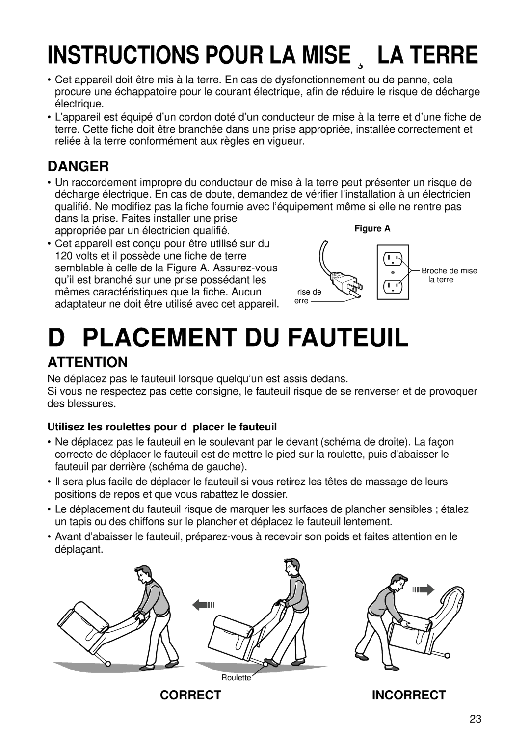 Panasonic EP1015 manuel dutilisation DÉ Placement DU Fauteuil, Instructions Pour LA Mise À LA Terre 