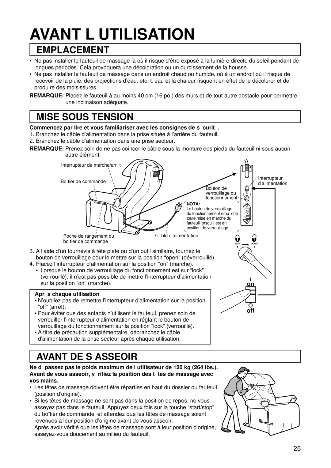 Panasonic EP1015 Avant L’UTILISATION, Emplacement, Mise Sous Tension, Avant DE S’ASSEOIR, Aprè s chaque utilisation 