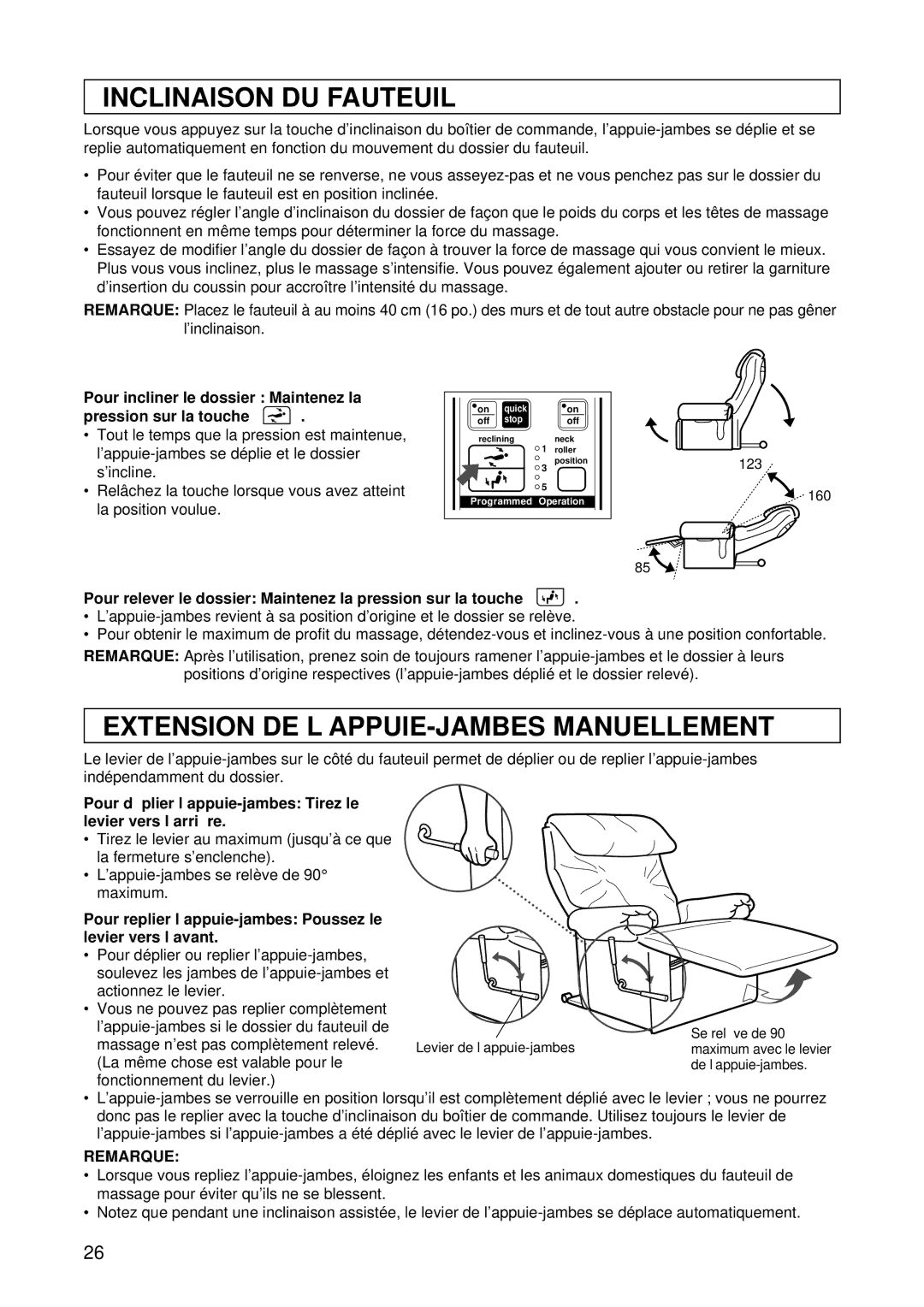 Panasonic EP1015 manuel dutilisation Inclinaison DU Fauteuil, Extension DE L’APPUIE-JAMBES Manuellement 