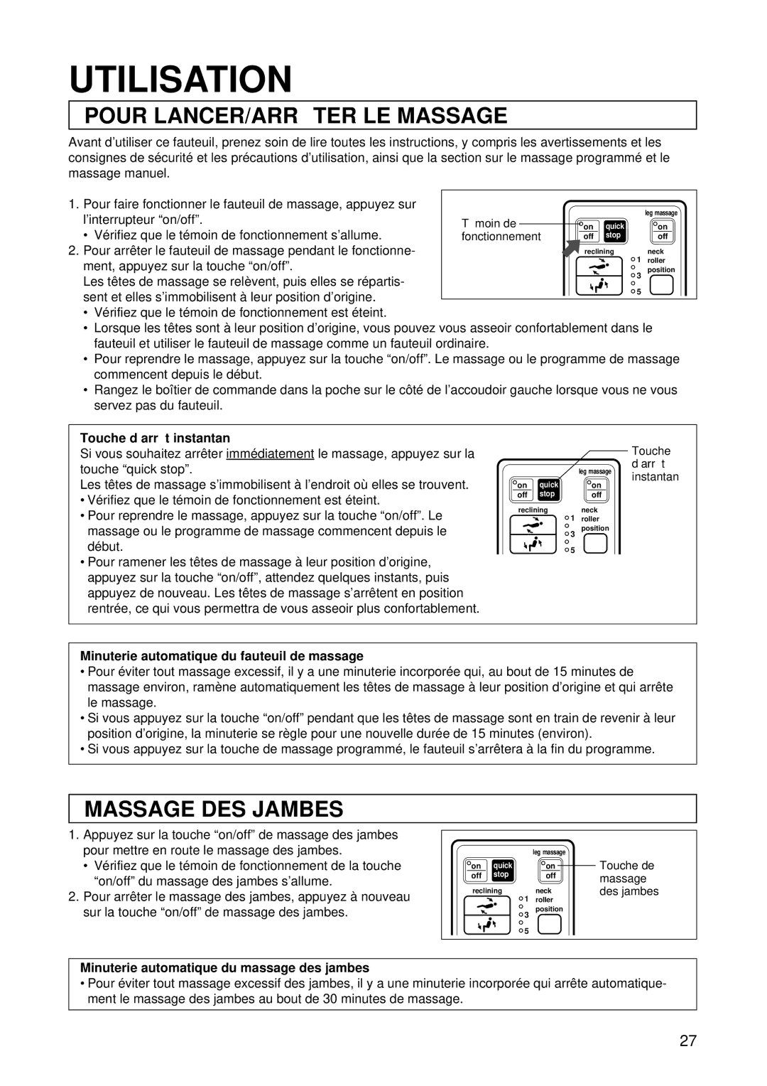 Panasonic EP1015 manuel dutilisation Utilisation, Pour LANCER/ARRÊ TER LE Massage, Massage DES Jambes 