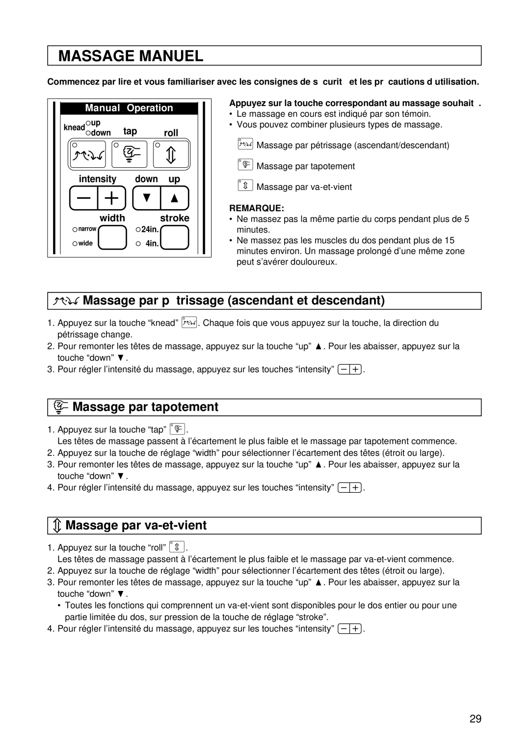 Panasonic EP1015 Massage Manuel, Massage par pé trissage ascendant et descendant, Massage par tapotement 