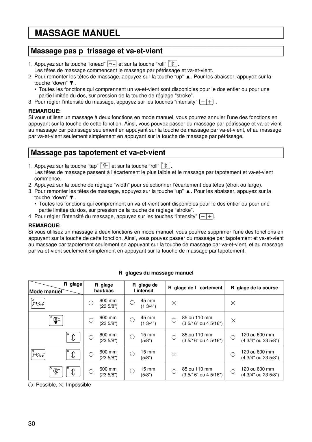 Panasonic EP1015 Massage pas pé trissage et va-et-vient, Massage pas tapotement et va-et-vient, Mode manuel 