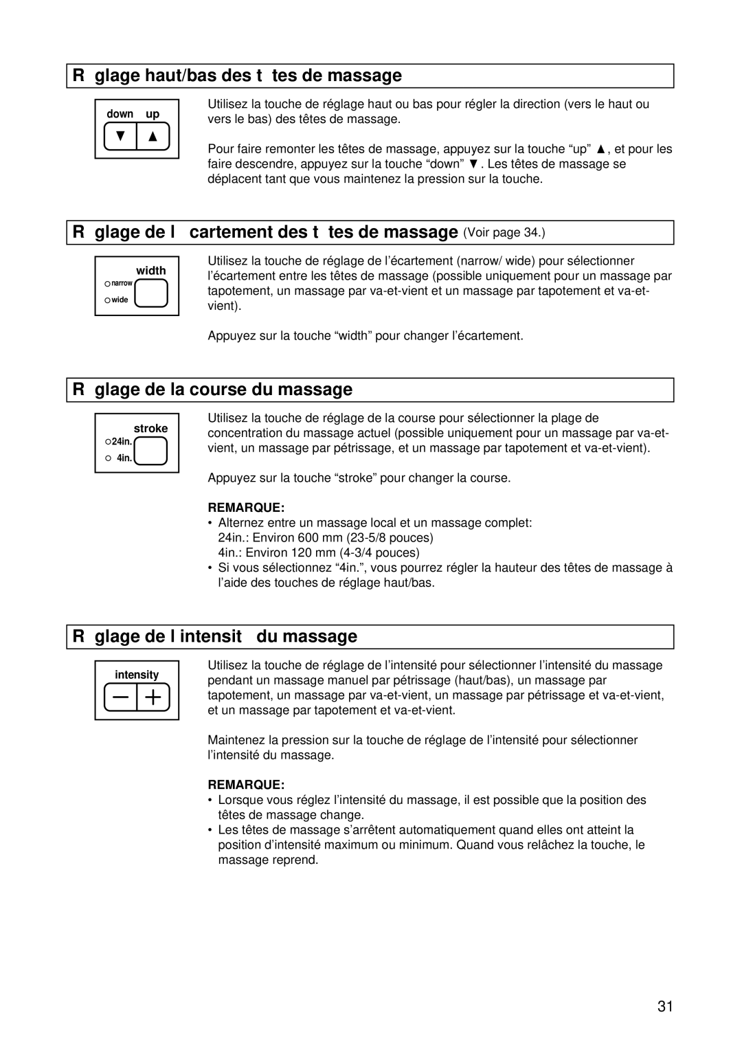 Panasonic EP1015 Ré glage haut/bas des tê tes de massage, Ré glage de l’é cartement des tê tes de massage Voir 