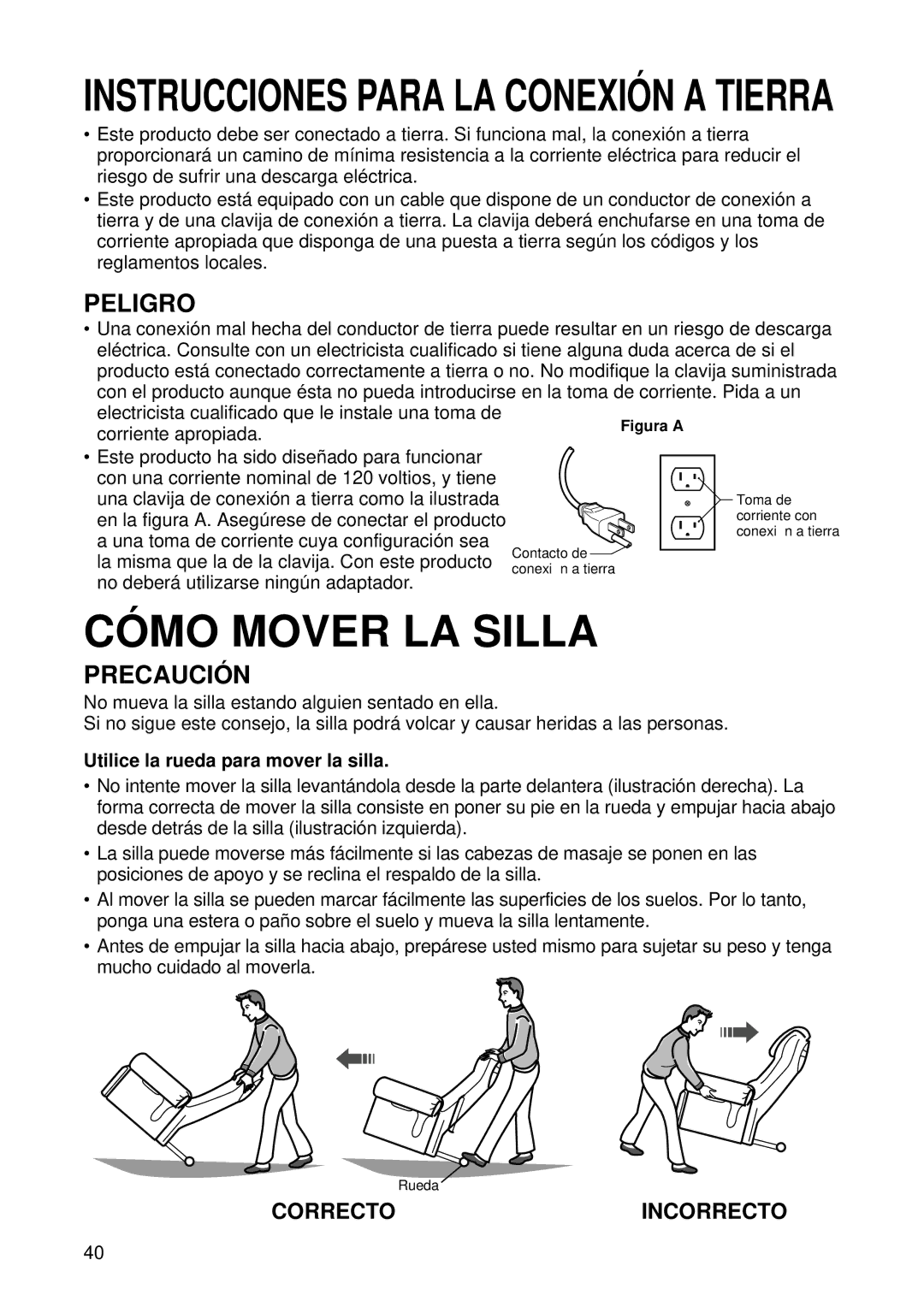 Panasonic EP1015 manuel dutilisation CÓ MO Mover LA Silla, Instrucciones Para LA Conexió N a Tierra 