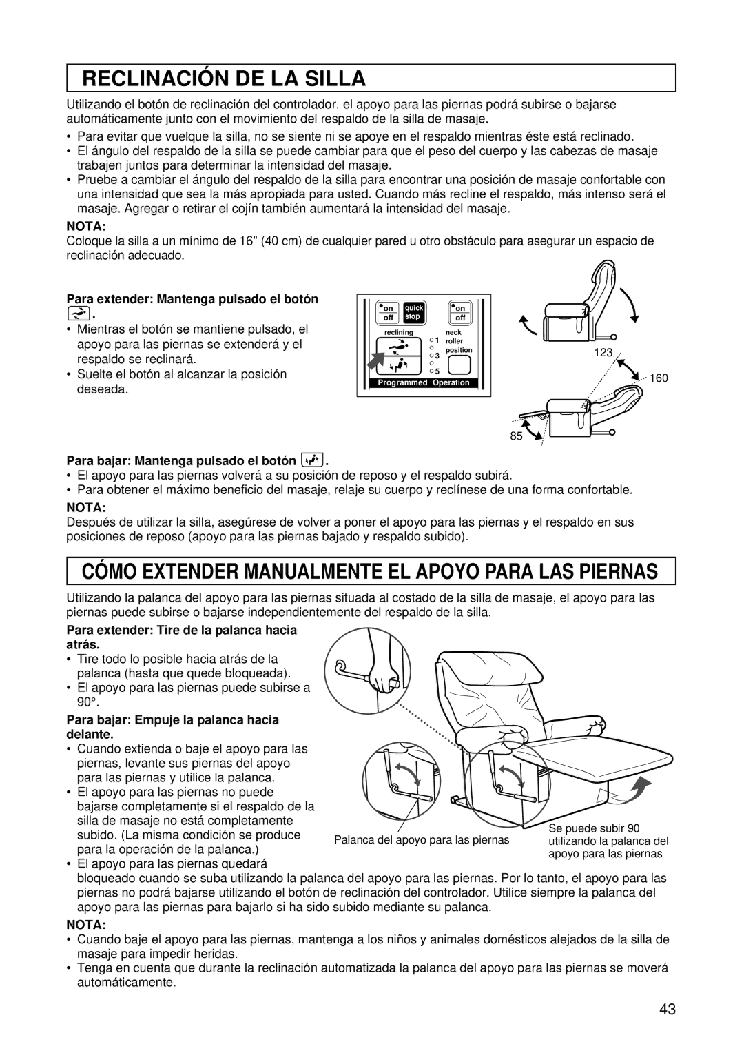 Panasonic EP1015 Reclinació N DE LA Silla, Para extender Mantenga pulsado el botó n, Para bajar Mantenga pulsado el botó n 