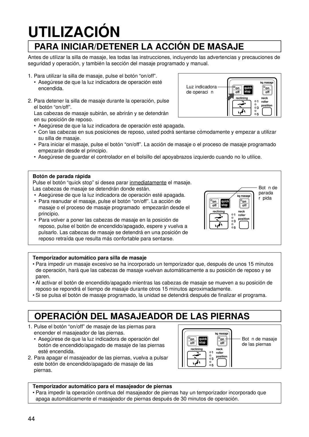 Panasonic EP1015 Utilizació N, Para INICIAR/DETENER LA Acció N DE Masaje, Operació N DEL Masajeador DE LAS Piernas 