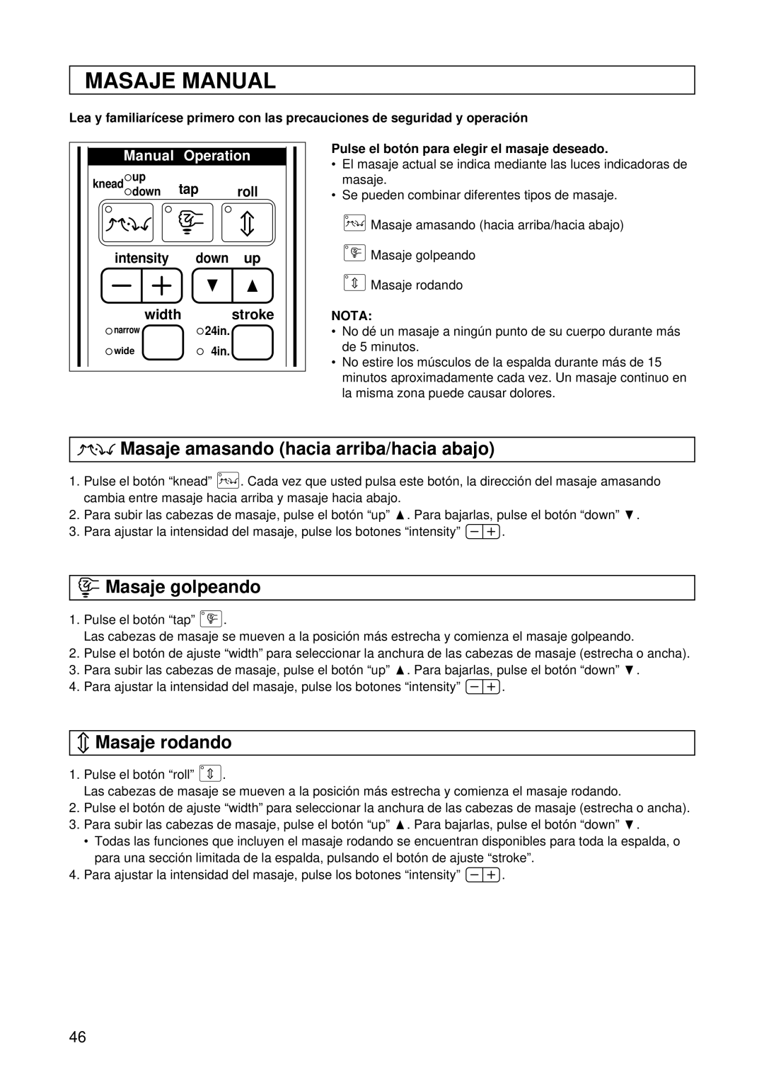 Panasonic EP1015 Masaje Manual, Masaje amasando hacia arriba/hacia abajo, Masaje golpeando, Masaje rodando 