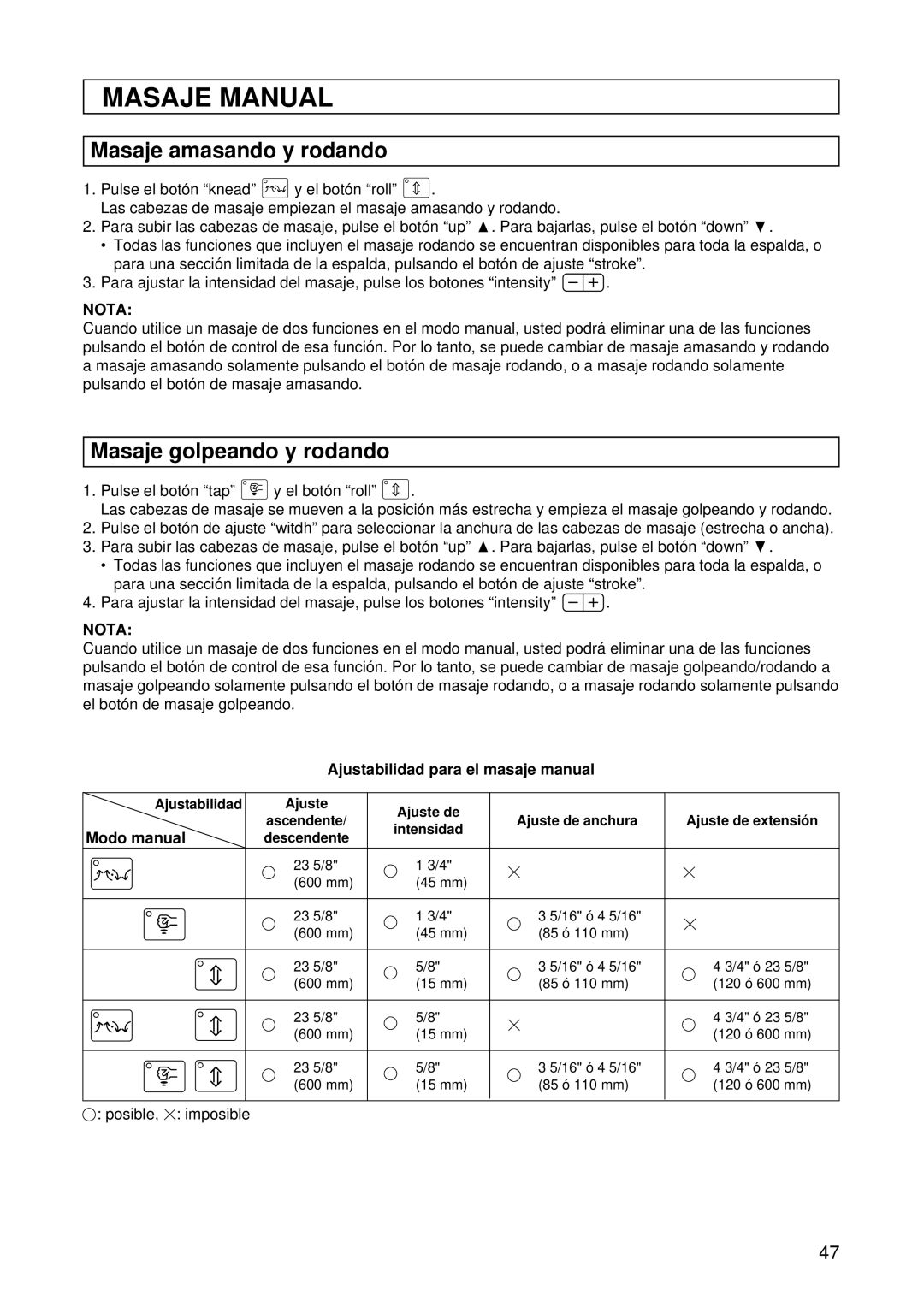 Panasonic EP1015 Masaje amasando y rodando, Masaje golpeando y rodando, Ajustabilidad para el masaje manual, Modo manual 