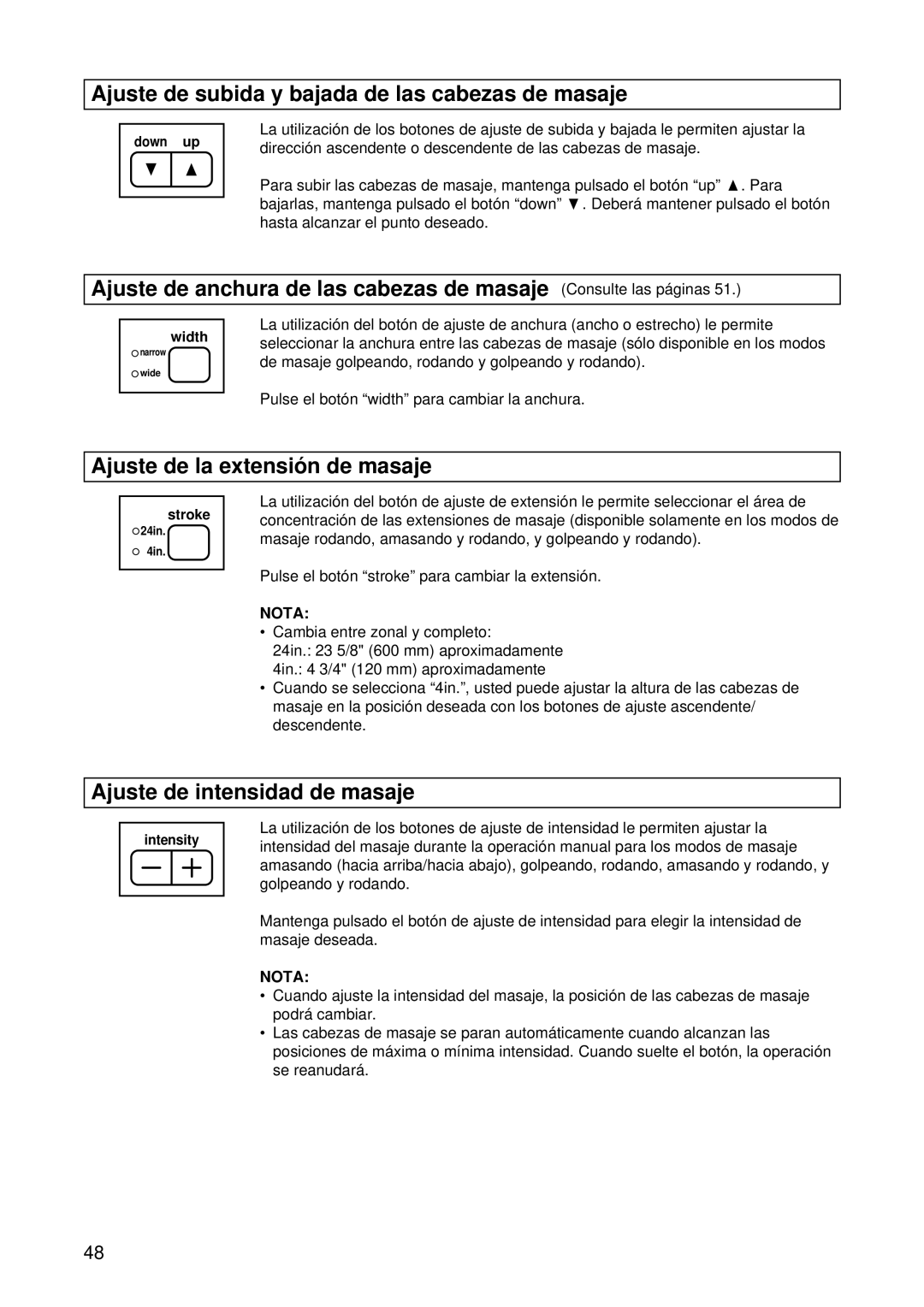 Panasonic EP1015 manuel dutilisation Ajuste de subida y bajada de las cabezas de masaje, Ajuste de la extensió n de masaje 