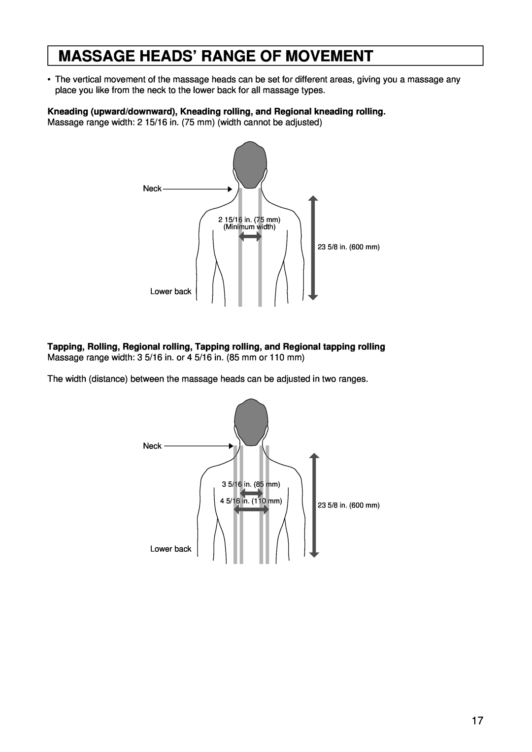 Panasonic EP1015 manuel dutilisation Massage Heads’ Range Of Movement, Neck, Lower back 