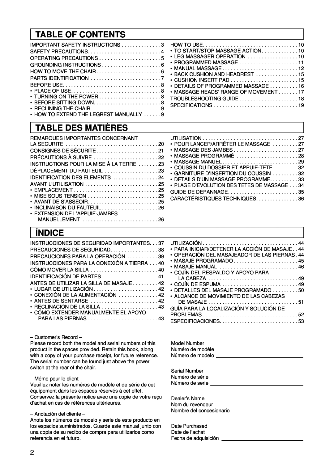 Panasonic EP1015 manuel dutilisation Table Of Contents, Table Des Matiè Res, Índice 
