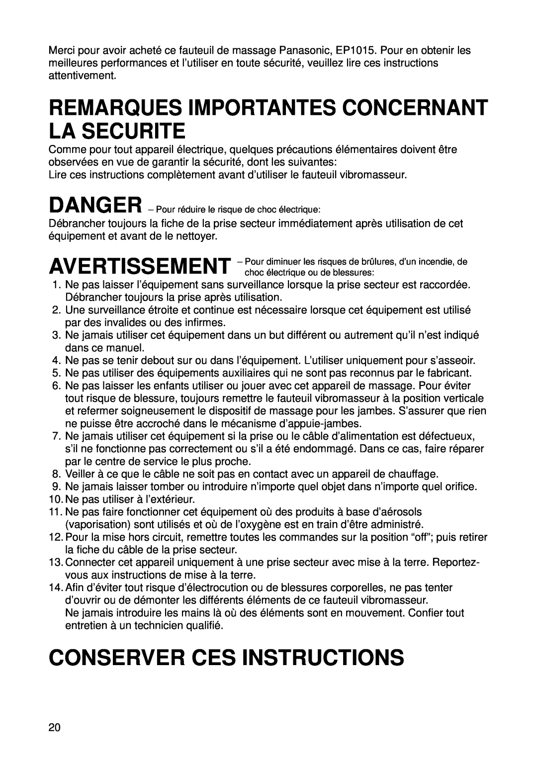 Panasonic EP1015 manuel dutilisation Remarques Importantes Concernant La Securite, Conserver Ces Instructions 