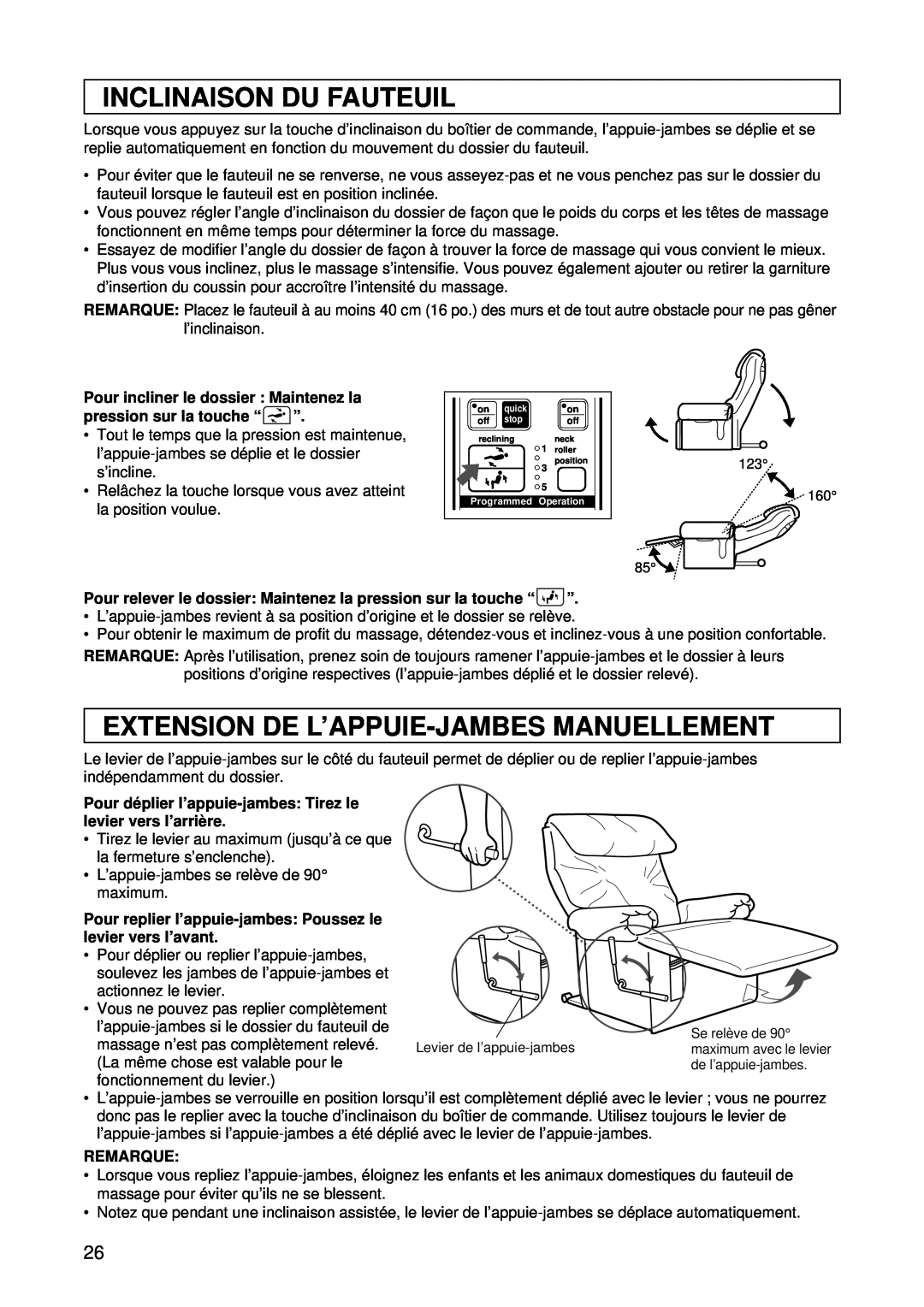 Panasonic EP1015 Inclinaison Du Fauteuil, Extension De L’Appuie-Jambesmanuellement, Pour incliner le dossier Maintenez la 