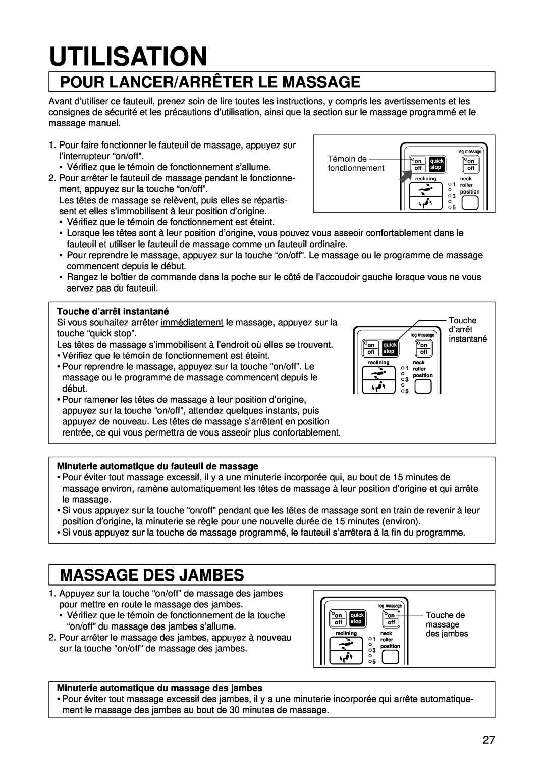 Panasonic EP1015 manuel dutilisation Utilisation, Pour Lancer/Arrê Ter Le Massage, Massage Des Jambes 