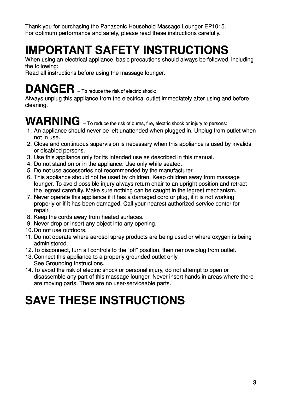 Panasonic EP1015 manuel dutilisation Important Safety Instructions, Save These Instructions 