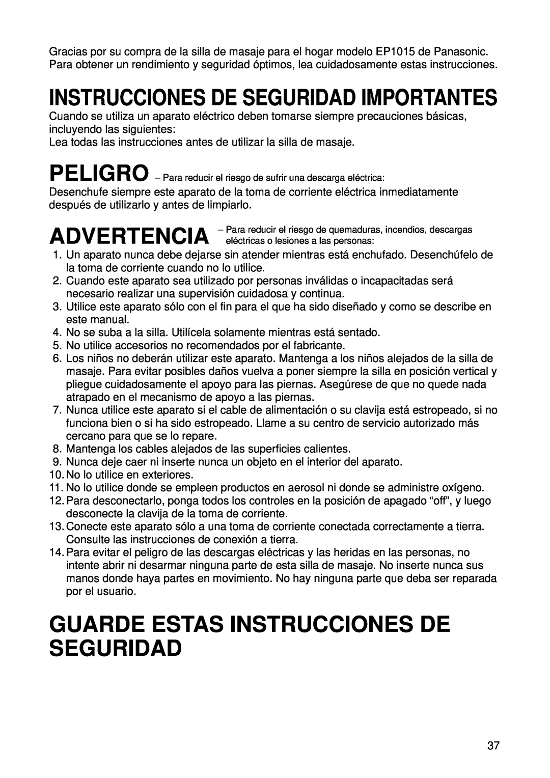 Panasonic EP1015 Advertencia, Guarde Estas Instrucciones De Seguridad, Instrucciones De Seguridad Importantes 