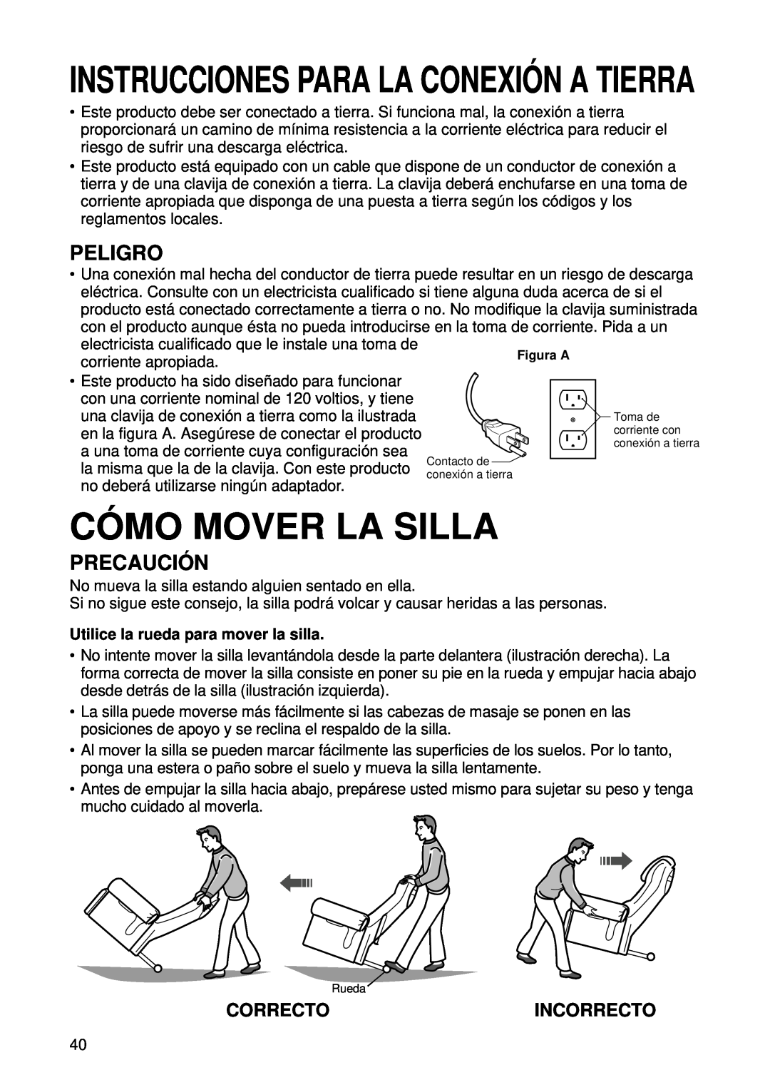 Panasonic EP1015 Có Mo Mover La Silla, Instrucciones Para La Conexió N A Tierra, Peligro, Precaució N, Correcto 