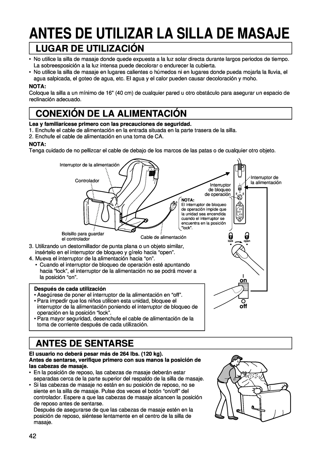 Panasonic EP1015 manuel dutilisation Lugar De Utilizació N, Conexió N De La Alimentació N, Antes De Sentarse, on off 