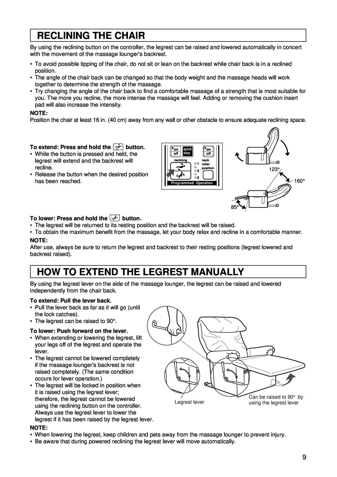 Panasonic EP1015 Reclining The Chair, How To Extend The Legrest Manually, To extend Press and hold the button 