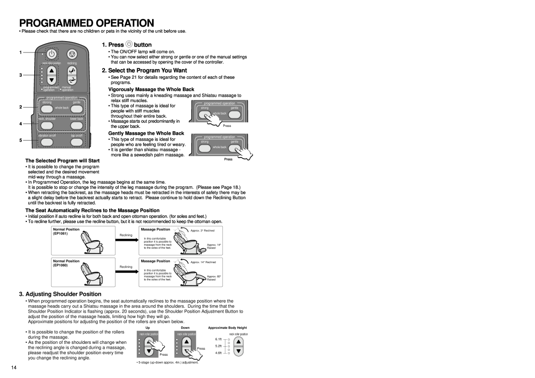 Panasonic EP1060 manual Programmed Operation, Press button, Select the Program You Want, Adjusting Shoulder Position 