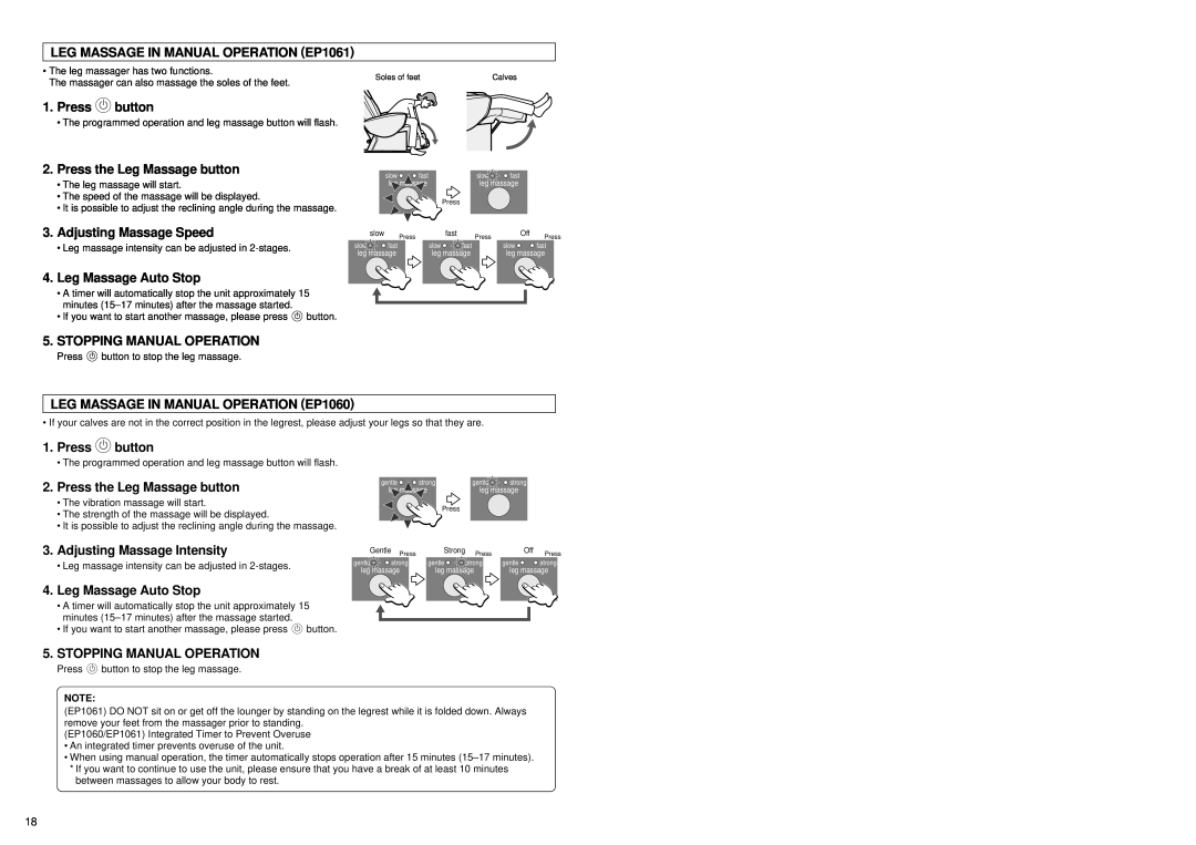 Panasonic EP1060 manual LEG MASSAGE IN MANUAL OPERATION EP1061, Press the Leg Massage button, Adjusting Massage Speed 