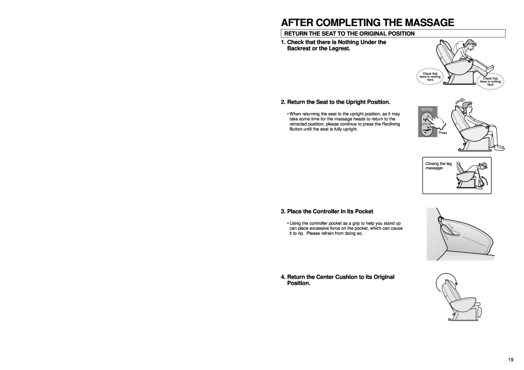 Panasonic EP1060 manual After Completing The Massage, Return The Seat To The Original Position 