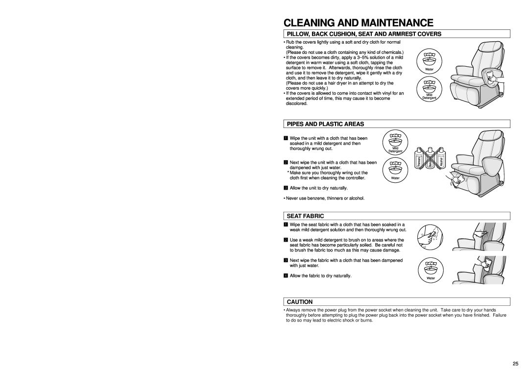 Panasonic EP1060 manual Cleaning And Maintenance, Pillow, Back Cushion, Seat And Armrest Covers, Pipes And Plastic Areas 