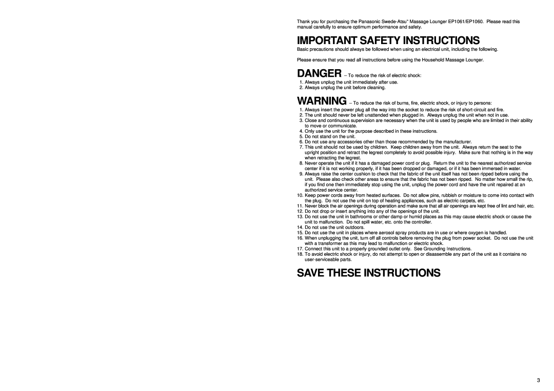 Panasonic EP1060 manual Important Safety Instructions, Save These Instructions 