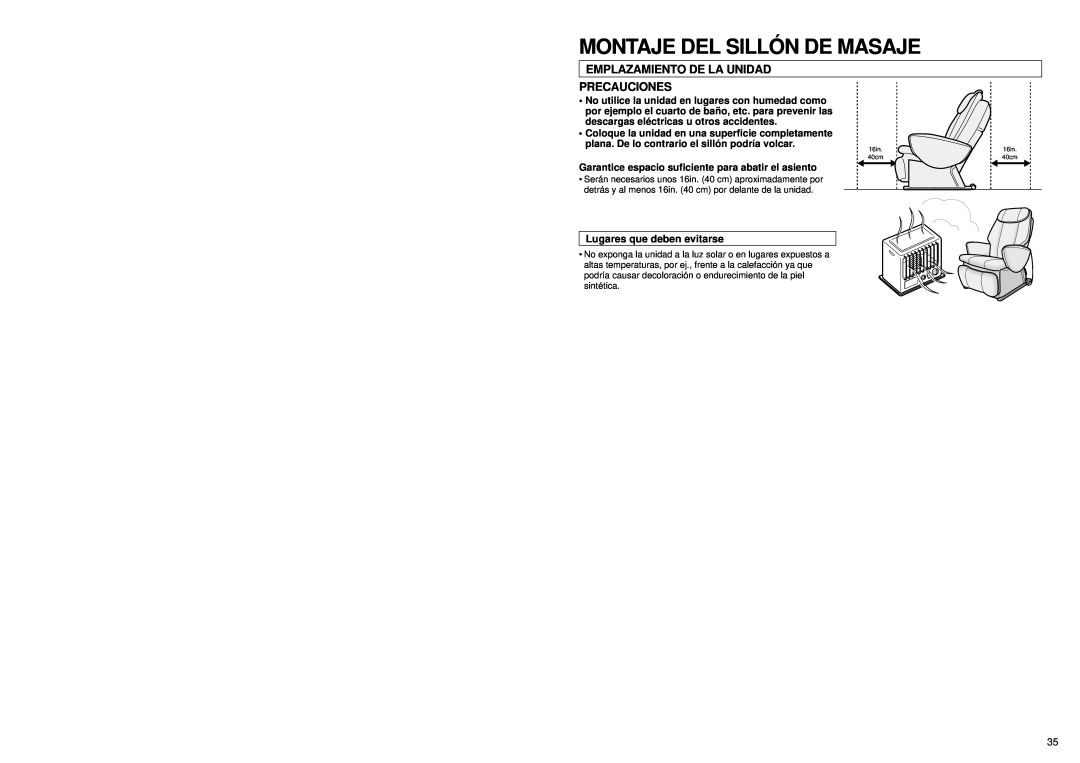 Panasonic EP1060 manual Montaje Del Silló N De Masaje, Emplazamiento De La Unidad Precauciones, Lugares que deben evitarse 