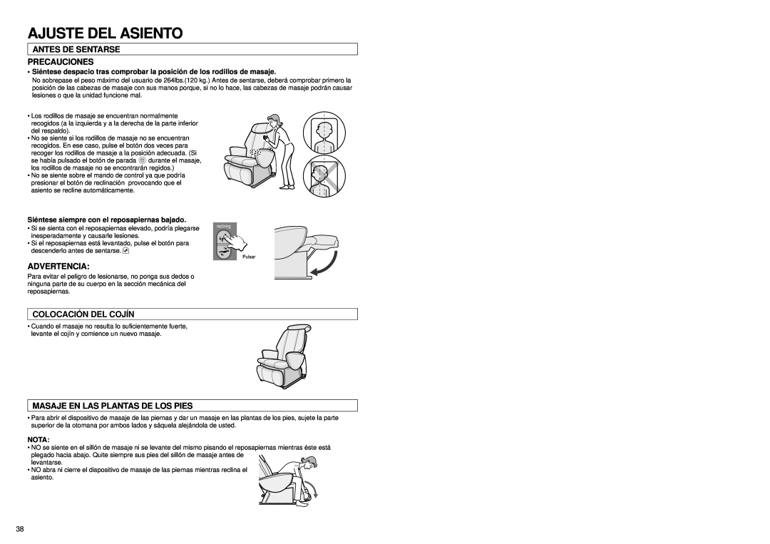 Panasonic EP1060 manual Ajuste Del Asiento, Antes De Sentarse Precauciones, Advertencia, Colocació N Del Cojín, Nota 
