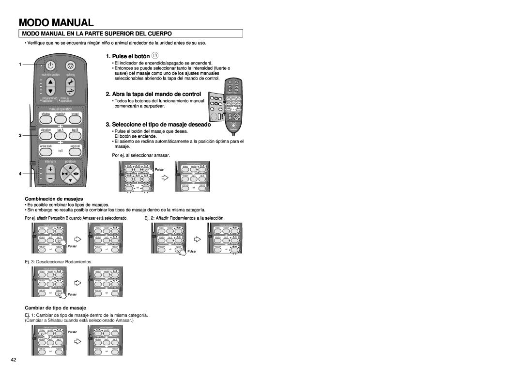 Panasonic EP1060 manual Modo Manual En La Parte Superior Del Cuerpo, Abra la tapa del mando de control, Pulse el botó n 