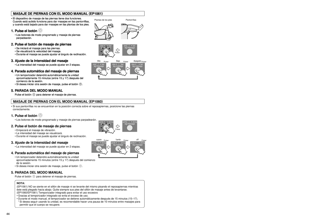 Panasonic EP1060 MASAJE DE PIERNAS CON EL MODO MANUAL EP1061, Pulse el botó n de masaje de piernas, Parada Del Modo Manual 